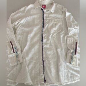 Free People White Button Down Long Sleeve Shirt Embroidery Flair women’s Large
